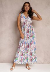 Niebiesko-Różowa Rozkloszowana Sukienka Maxi z Gumkami w Pasie w Kwiaty Sasta. Niebieskie sukienki damskie Renee, l, bez wzorów, z tkaniny, bez kołnierzyka, bez ramiączek, maxi, rozkloszowane. W wyprzedaży za 38.49 zł.