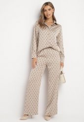 Beżowy Komplet w Geometryczny Wzór Koszula i Spodnie Verikka. Brązowe koszule damskie Born2be, bez wzorów, z jeansu, eleganckie. Za 279.99 zł.
