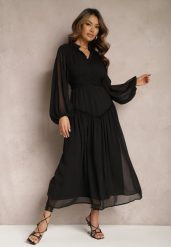 Czarna Elegancka Sukienka w Stylu Vintage z Powlekanymi Guzikami i Marszczeniami Lefandia. Czarne sukienki damskie Renee, na imprezę, l, bez wzorów, eleganckie, bez kołnierzyka, bez ramiączek, maxi. W wyprzedaży za 132.99 zł.