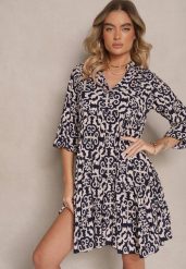 Granatowa Sukienka Bawełniana o Rozkloszowanym Kroju w Etniczny Print Zalivine. Niebieskie sukienki damskie Renee, na co dzień, na lato, l, z aplikacjami, z bawełny, eleganckie, bez kołnierzyka, bez ramiączek, mini, rozkloszowane. W wyprzedaży za 41.99 zł.