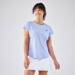 Koszulka tenisowa z okrągłym dekoltem damska Artengo Dry. Fioletowe bluzki damskie KUIKMA, xl, bez wzorów, z elastanu, sportowe, bez kołnierzyka, bez ramiączek. Za 59.99 zł.