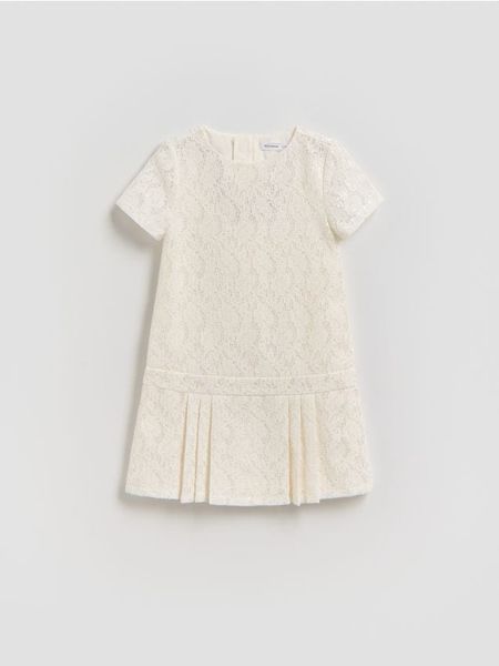 Koronkowa sukienka z cekinami - złamana biel. Sukienki dziewczęce Reserved, bez wzorów, z bawełny, bez ramiączek. Za 119.99 zł.