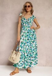 Zielona Kopertowa Sukienka Maxi w Kwiaty z Gumką w Pasie z Wiskozy Marielys. Zielone sukienki damskie Renee, l, bez wzorów, z tkaniny, bez kołnierzyka, bez ramiączek, maxi, kopertowe. Za 109.99 zł.