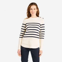 Sweter marynarski damski Tribord 100. Białe swetry klasyczne damskie Decathlon, l, z bawełny, bez kołnierzyka. Za 99.99 zł.