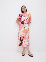 Sukienka midi z wiskozy - wielobarwny. Sukienki damskie Reserved, l, bez wzorów, z tkaniny, bez kołnierzyka, bez ramiączek, midi. Za 159.99 zł.