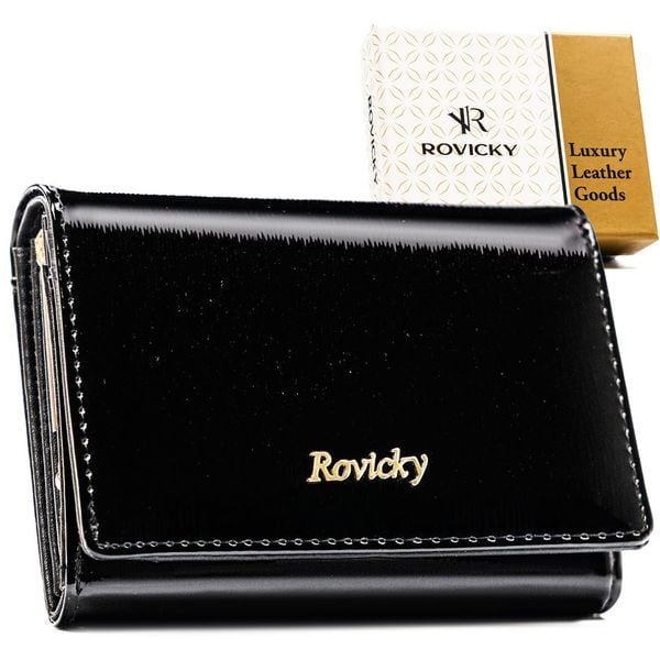 Portfel damski z lakierowanej skóry naturalnej w czarnym kolorze zamykany na zatrzask i bigiel - Rovicky. Czarne portfele damskie ROVICKY, bez wzorów, ze skóry. Za 83.99 zł.