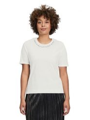 CARTOON Koszulka w kolorze kremowym rozmiar: 44. Brązowe bluzki damskie Cartoon, z aplikacjami, z bawełny, bez kołnierzyka, bez ramiączek. Za 82.83 zł.