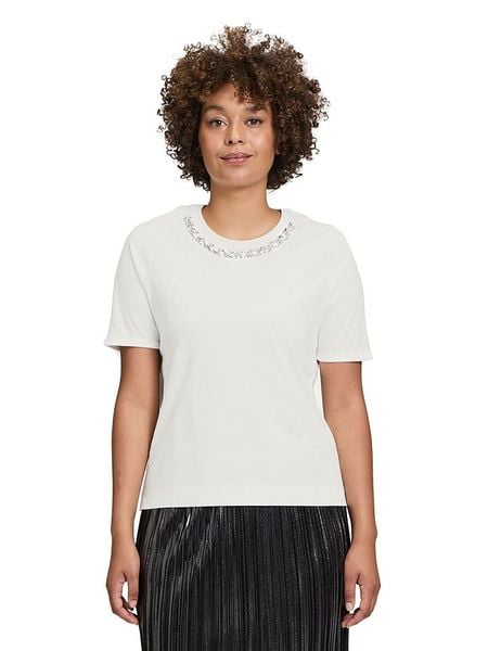 CARTOON Koszulka w kolorze kremowym rozmiar: 44. Brązowe bluzki damskie Cartoon, z aplikacjami, z bawełny, bez kołnierzyka, bez ramiączek. Za 82.83 zł.