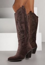 Ciemnobrązowe Kozaki Kowbojki na Stożku z Cholewką w Cyrkoniowy Wzór Nalimia. Brązowe kozaki damskie Born2be, z jeansu, bez obcasa, na obcasie. Za 169.99 zł.