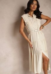 Beżowa Wiskozowa Sukienka Koszulowa z Bawełną i Paskiem Artebia. Brązowe sukienki damskie Renee, na co dzień, l, bez wzorów, z bawełny, eleganckie, bez kołnierzyka, bez ramiączek, midi, koszulowe. W wyprzedaży za 153.99 zł.