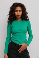 Dopasowany top z prążkowanej dzianiny w kolorze SPRING GREEN - MOODY-XS. Zielone topy damskie Marsala, xs, bez wzorów, z bawełny, bez kołnierzyka. Za 129.90 zł.