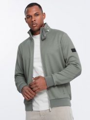 Męska kurtka z wysokim kołnierzem i polarowym wnętrzem – khaki V3 OM-JANP-0154 - XXL. Brązowe kurtki męskie Ombre Clothing, na lato, l, z aplikacjami, z polaru, eleganckie, bez kaptura. Za 161.99 zł.