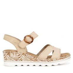 Sandały Rieker. Brązowe sandały damskie Rieker, bez wzorów, bez obcasa, na koturnie. Za 299.99 zł.