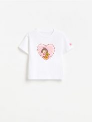 T-shirt z aplikacją Basia - złamana biel. Koszulki dziewczęce Reserved, m, z aplikacjami, z bawełny, bez ramiączek. Za 29.99 zł.