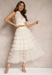 Beżowa Rozkloszowana Spódnica Maxi z Falbankami i Cekinami Noobi. Brązowe spódniczki damskie Renee, m, bez wzorów, z materiału, eleganckie, maxi, rozkloszowane. Za 89.99 zł.