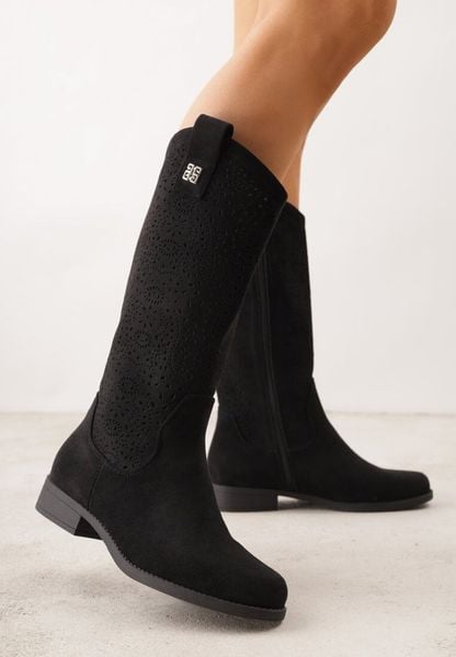 Czarne Ażurowe Botki z Geometryczną Ozdobą Naeraste. Czarne botki damskie Renee, z jeansu, bez obcasa, na płaskiej podeszwie, bez zapięcia. Za 149.99 zł.