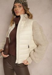 Jasnobeżowa Kurtka ze Sweterkowego Materiału i z Ozdobnym Pikowaniem Vertinae. Brązowe kurtki damskie Renee, l, bez wzorów, z materiału, bez kaptura. Za 229.99 zł.