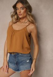 Brązowy Basicowy Top z Bawełną Thireldi. Brązowe topy damskie Renee, l, bez wzorów, z bawełny, bez kołnierzyka. Za 29.99 zł.