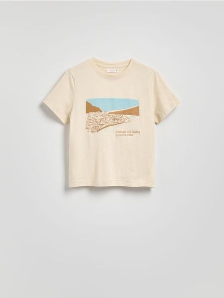 Bawełniany T-shirt z haftem - beżowy. Brązowe t-shirty damskie Reserved, l, bez wzorów, z bawełny, bez kołnierzyka. W wyprzedaży za 25.99 zł.