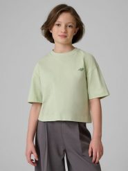 4F T-shirt loose gładki dziewczęcy - zielony 134/140 (8-10 lat). Niebieskie koszulki dziewczęce 4f, bez wzorów, z bawełny, bez ramiączek. Za 49.99 zł.