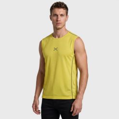 Koszulka do treningu siłowego TANK bez rękawów. Żółte t-shirty sportowe męskie Aulp, l, z dzianiny, bez ramiączek, do biegania. Za 99.99 zł.