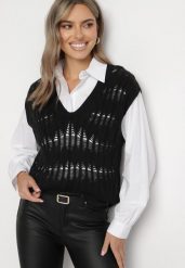 Biała Koszula o Klasycznym Fasonie z Czarną Dzianinową Kamizelką Irinellea. Białe kamizelki damskie Born2be, l, z aplikacjami, z dzianiny, klasyczne, bez kołnierzyka, bez ramiączek. Za 149.99 zł.