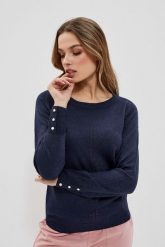 Sweter z metaliczną nitką granatowy. Niebieskie swetry klasyczne damskie MOODO, xs, bez kołnierzyka. W wyprzedaży za 54.99 zł.