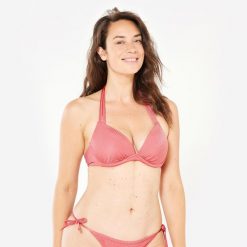 Góra kostiumu kąpielowego surfingowego damska Olaian Elena. Czerwone bikini damskie OLAIAN, bez wzorów. W wyprzedaży za 59.99 zł.