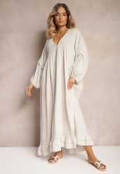 Beżowa Muślinowa Trapezowa Sukienka z Bawełny Wykończona Falbaną i Ozdobnymi Rękawami Tanisea. Brązowe sukienki damskie Renee, na co dzień, na lato, bez wzorów, z bawełny, eleganckie, bez kołnierzyka, bez ramiączek, maxi, proste. W wyprzedaży za 125.99 zł.