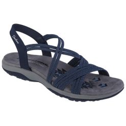 Sandały damskie, Skechers Reggae Slim - Turn It Up. Niebieskie obuwie trekkingowe damskie Skechers, bez wzorów, bez obcasa. Za 249.99 zł.