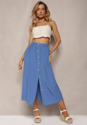 Niebieska Rozkloszowana Spódnica Maxi z Gumką w Talii i Kieszeniami Kendrani. Niebieskie spódniczki damskie Renee, l, bez wzorów, eleganckie, maxi, proste. Za 49.99 zł.