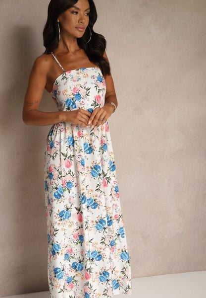 Niebieska Rozkloszowana Sukienka z Wiskozą w Kwiatowy Wzór Nalivie. Niebieskie sukienki damskie Renee, na imprezę, na lato, l, bez wzorów, z wiskozy, eleganckie, bez kołnierzyka, bez ramiączek, maxi, rozkloszowane. Za 89.99 zł.