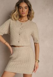 Beżowa Spódnica Sweterkowa z Wełną High Waist Selzeki. Brązowe spódniczki damskie Renee, bez wzorów, z wełny, biznesowe, z podwyższonym stanem, mini, koszulowe. Za 99.99 zł.