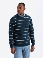 Casualowy męski sweter w poziome paski – granatowy V1 OM-SWSW-0143 - XXL. Niebieskie swetry męskie Ombre Clothing, l, z aplikacjami, z bawełny, bez kołnierzyka. W wyprzedaży za 79.99 zł.