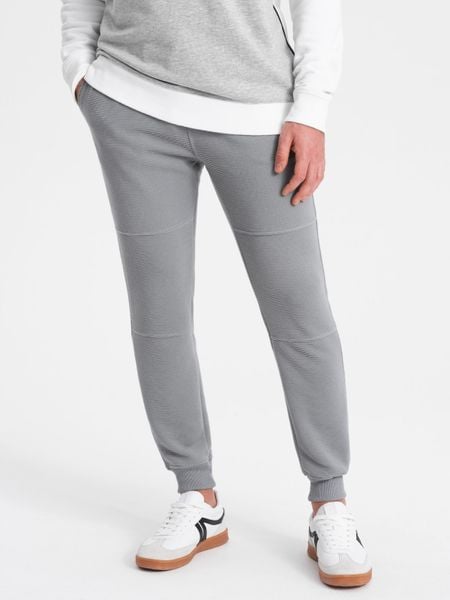 Spodnie dresowe męskie z tkaniny ottoman - szare V5 - Rozmiar: L. Szare spodnie dresowe męskie Ombre Clothing, bez wzorów, z bawełny. W wyprzedaży za 39.99 zł.