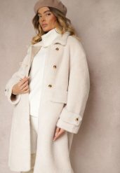 Biały Płaszcz Futerkowy Zdobiony Metalicznymi Zapięciami i Paskami przy Rękawach Cesilda. Białe płaszcze damskie Renee, l, z aplikacjami, z wełny, eleganckie. Za 259.99 zł.
