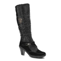 Śniegowce damskie Colorful, wysoka cholewka do kolana cholewka tekstylna pikowana z elementami zamszu stabilny obcas typu słupek pasek z klamrą lekko. Czarne śniegowce damskie Simen, z materiału, przed kolano. Za 149.00 zł.