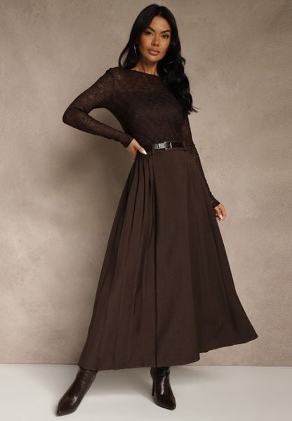Brązowa Rozkloszowana Spódnica z Wiskozy z Dodatkowym Paskiem z Klamrą Lowedina. Brązowe spódniczki damskie Renee, l, bez wzorów, z wiskozy, maxi, oversize. Za 139.99 zł.