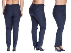 Casualowe granatowe spodnie cygaretki Bruna w kant PLUS SIZE. Spodnie materiałowe damskie Moda Size Plus Iwanek, bez wzorów, z bawełny, eleganckie, plus size. W wyprzedaży za 119.90 zł.