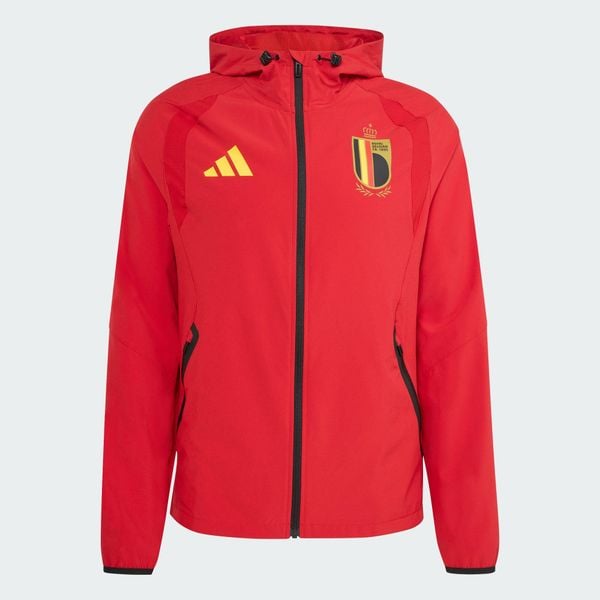 Kurtka wiatrówka Belgia Tiro Travel z suwakiem na całej długości. Czerwone kurtki męskie Adidas, s, bez wzorów, z elastanu, do biegania. Za 399.00 zł.