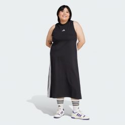 Sukienka Essentials 3-Stripes Long Racerback (Plus Size). Białe sukienki damskie Adidas, plus size, bez wzorów, bez kołnierzyka, plus size, bez ramiączek, maxi. Za 199.00 zł.