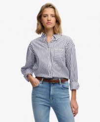 Superdry Koszula Poplin damska z długim rękawem relaxed – NAVY/WHITE. Białe koszule damskie Superdry., uniwersalny, bez wzorów, z bawełny, klasyczne, bez kołnierzyka, bez ramiączek. Za 255.30 zł.