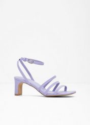 Sandały z paseczkami na wąskim obcasie. Fioletowe sandały damskie bonprix, bez wzorów, bez obcasa, na obcasie. Za 124.99 zł.