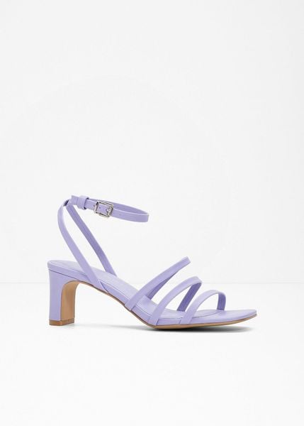 Sandały z paseczkami na wąskim obcasie. Fioletowe sandały damskie bonprix, bez wzorów, bez obcasa, na obcasie. Za 124.99 zł.