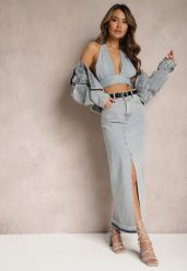 Jasnoniebieska Ołówkowa Spódnica Jeansowa z Ozdobnym Rozcięciem Lefrana. Niebieskie spódniczki damskie Renee, m, bez wzorów, z jeansu, eleganckie, z podwyższonym stanem, maxi, dopasowane. Za 99.99 zł.
