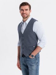 Dopasowana elegancka męska kamizelka ze strukturalnej dzianiny – granatowa V1 OM-BLZV-0147 - XXL. Niebieskie kamizelki męskie Ombre Clothing, l, z bawełny. Za 143.99 zł.