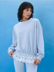 Prążkowana bluza crewneck loose fit z koronką - błękitny. Niebieskie bluzy bez kaptura damskie Sinsay, l, z koronki. Za 49.99 zł.