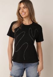 Czarny Bawełniany T-shirt Ozdobiony Cyrkoniami Monomene. Czarne t-shirty damskie Born2be, m, z aplikacjami, z bawełny, bez kołnierzyka. Za 59.99 zł.
