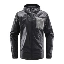 Kurtka turystyczna męska Haglöfs L.I.M Shield Hood przeciwdeszczowa. Czarne kurtki treningowe męskie Haglöfs, l, bez wzorów, z materiału, trekkingowe. Za 309.99 zł.
