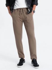 Męskie spodnie dresowe o marchewkowym kroju - brązowe V2. Brązowe spodnie dresowe męskie Ombre Clothing, bez wzorów, z dresówki. W wyprzedaży za 59.99 zł.